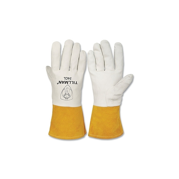 TIG Welding Gloves, 24C, Top Gr Kidskin Palm/BOH/Split Cowhide Cuff, Sm, Pearl/Bourbon Brn, 4 in L Straight Cuff