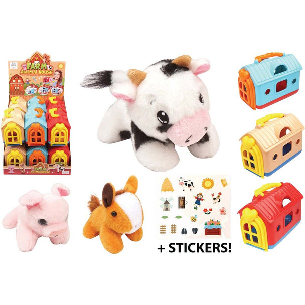 Diamond Visions Plush Farm Animal with House Carrying Case TM-3894 Pack of 12