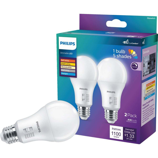Philips 75W Equivalent 5 CCT A19 Medium Dimmable LED Light Bulb (2-Pack) 607580