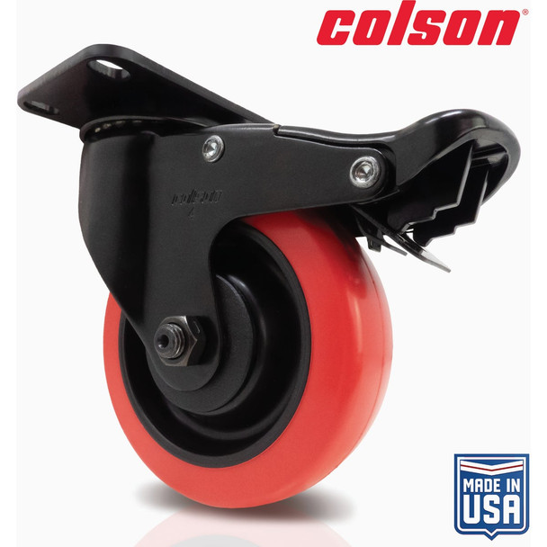 Colson 4 In. Red Polyurethane & Black Swivel Plate Caster with Locking Brake