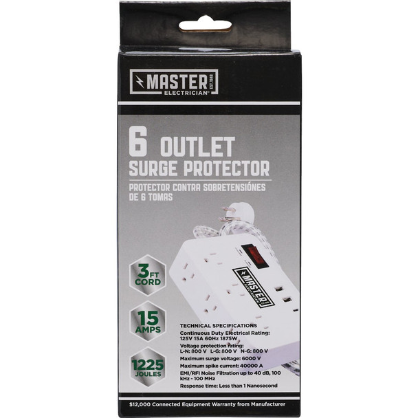 Master Electrician 6-Outlet/2 USB White Surge Strip with 3 Ft. Cord LTS-PO5