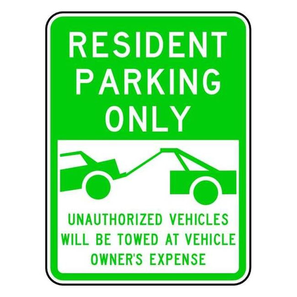 Resident Parking Sign, 18" W, 24" H, English, Aluminum, Green, White