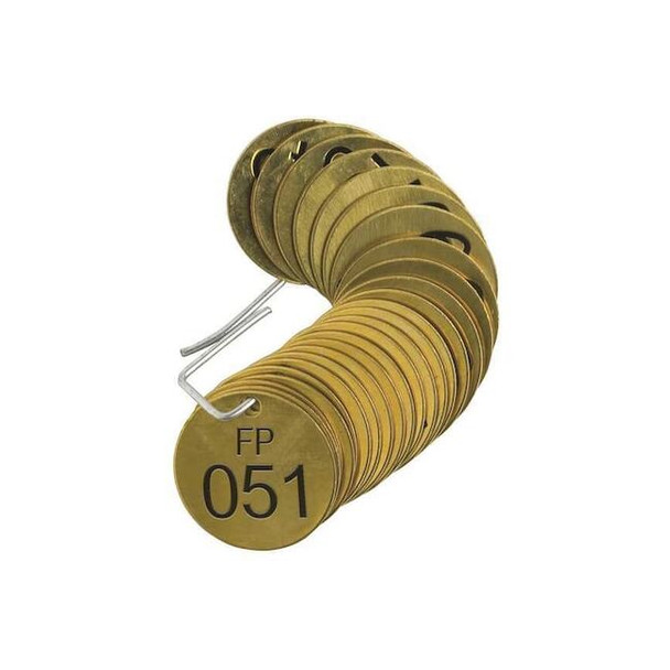 Numbered Tag, Brass, 1 1/2 in H x 1 1/2 in W, 1 1/2 in Dia., Brass, Round, 25 PK