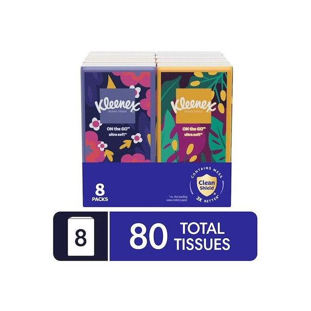 Kleenex Facial Tissues, Soft Pack, On-The-Go, 80 Sheets/Pack, 3 Ply, 8 PK 46651