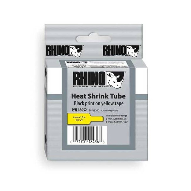Dymo RHINO (R) Heat Shrink Tube Label 1/4" x 60"H, Black on Yellow 18052