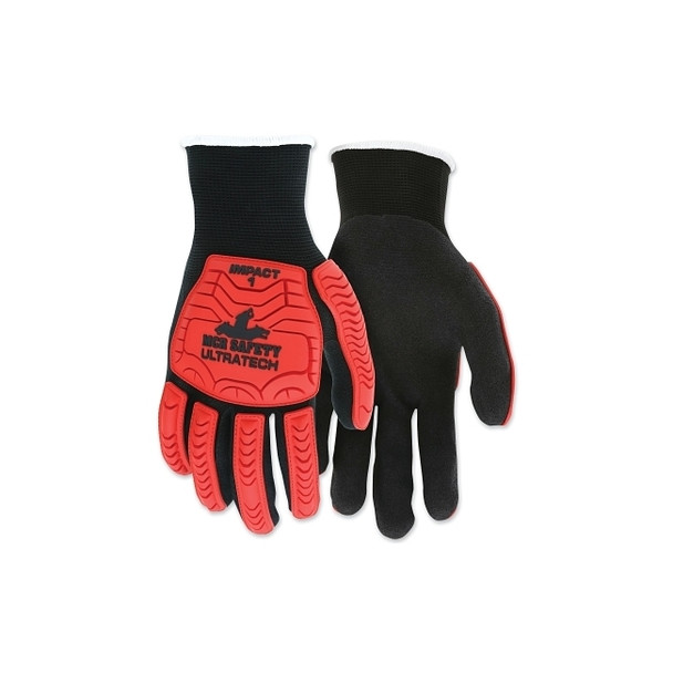 UT1950 UltraTech™ Impact Level 1 Mechanics Knit Gloves, X-Large, Hi-Vis Red TPR, Black Coating/Shell