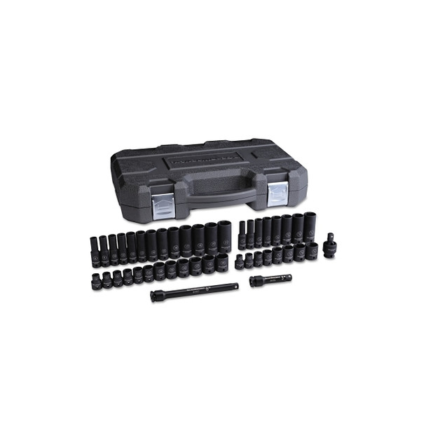 Impact Socket Set, 3/8 in Dr, 6-point, Metric/SAE, 9 mm to 30 mm, 44-Pc Deep/STD Lengths, Incl Univ Jt/Ext/Blow Mold Case