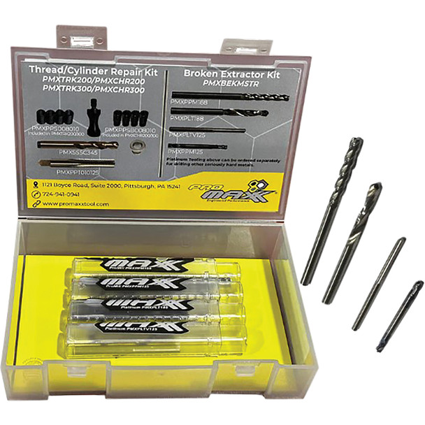 Broken EZ-Out and extractor removal solution, featuring small and medium platinum drill bits PMXBEKMSTR