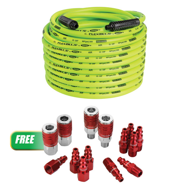 Buy(1) 3/8X100 ZillaGreen Air Hose with 1/4 Ends Get(1) Type D, 14pc, 1/4 Body Coupler and Plug Kit HFZ38100YW2P