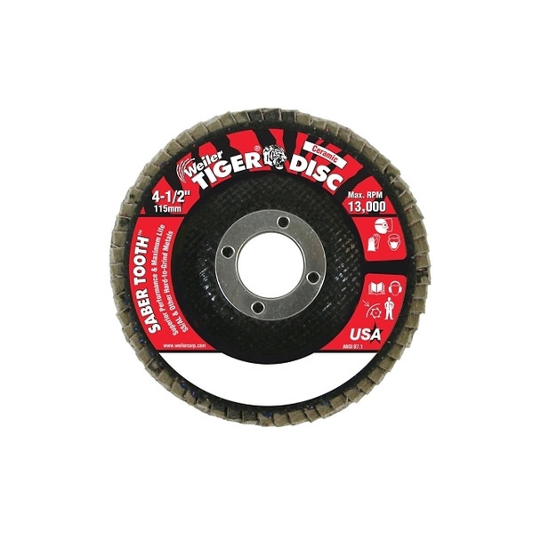Saber Tooth Ceramic Flap Discs, 4 1/2 in, 80 Grit, 7/8 in Arbor, 13,000 rpm Pack of 10