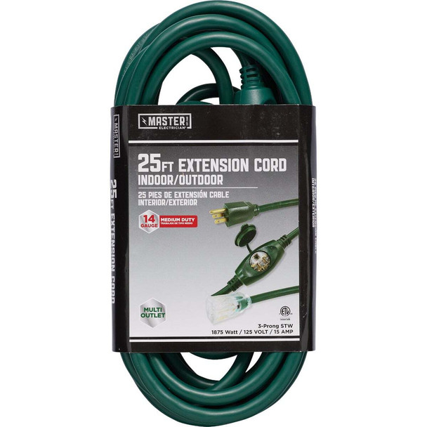 Master Electrician 25 Ft. 3-Outlet 14/3 STW Green Outdoor Extension Cord