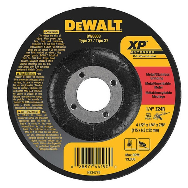 Dewalt DW8808 Depressed Center Grinding Wheel, Type 27, 4 1/2 in Dia, 0.25 in Thick, 7/8 in Arbor Hole Size