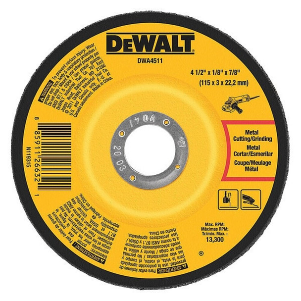 Dewalt DWA4511 Cut-Off & Grinding Wheel, Type 27, 4 1/2 in Dia, 0.125 in Thick, 7/8 in Arbor Hole Size, 24 Grit