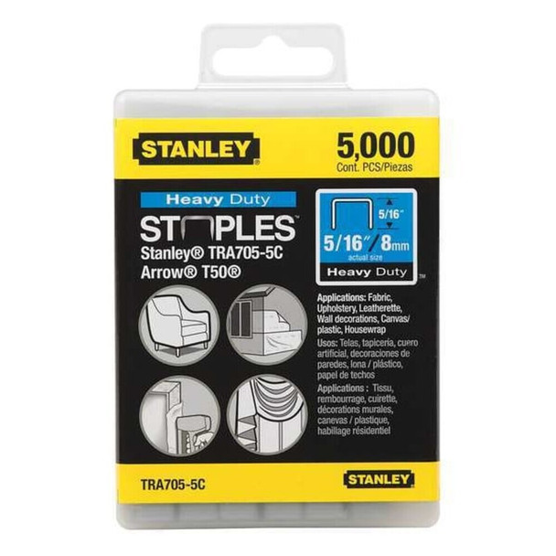Stanley TRA705-5C Heavy Duty Staples, T25, 24 ga, Narrow Crown, 5/16 in Leg L, Steel, 5000 PK