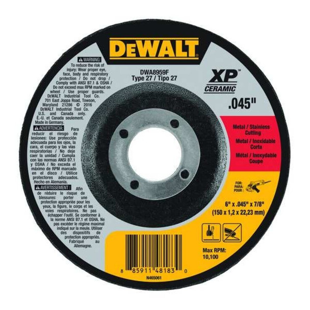 Dewalt DWA8959F Depressed Center Cut-Off Wheel, Type 27, 6 in Dia, 0.045 in Thick, 7/8 in Arbor Hole Size, Ceramic