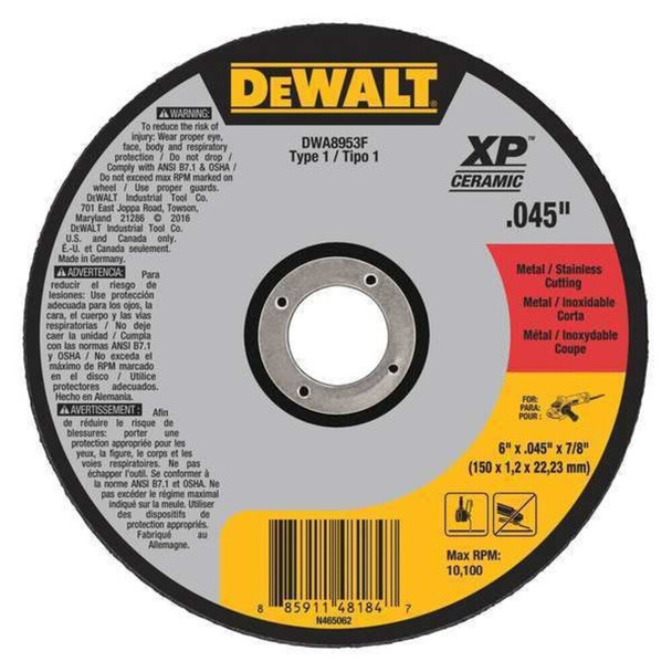 Dewalt DWA8953F Abrasive Cut-Off Wheel, Type 1, 6 in Dia, 0.045 in Thick, 7/8 in Arbor Hole Size, Ceramic, 46 Grit