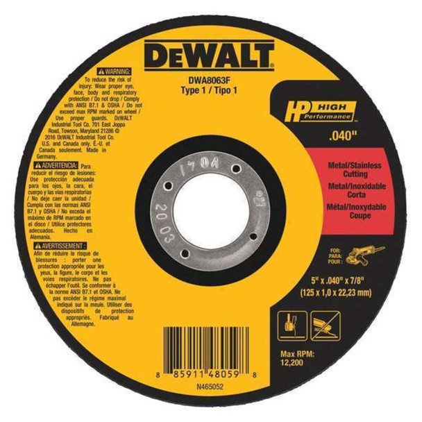 Dewalt DWA8063F Abrasive Cut-Off Wheel, Type 1, 5 in Dia, 0.04 in Thick, 7/8 in Arbor Hole Size, Aluminum Oxide