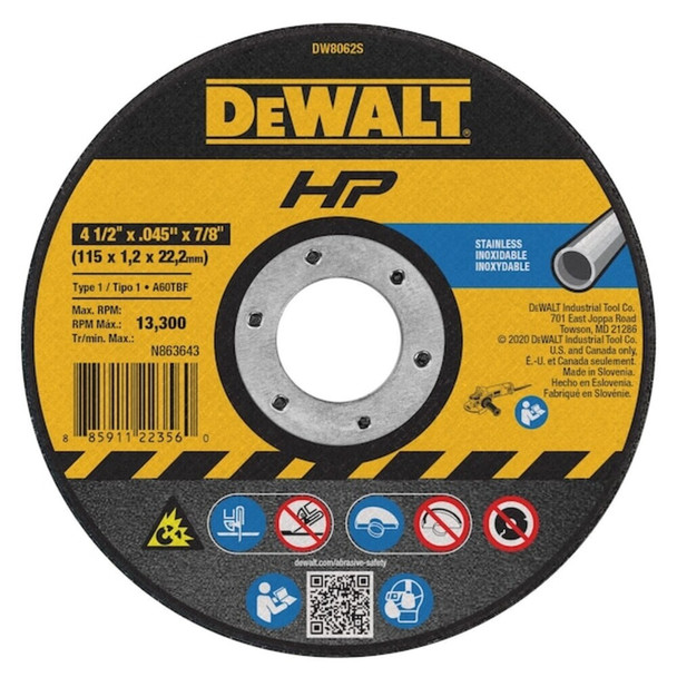 Dewalt DW8062S Abrasive Cut-Off Wheel, Type 1, 4 1/2 in Dia, 0.045 in Thick, 7/8 in Arbor Hole Size, 60 Grit