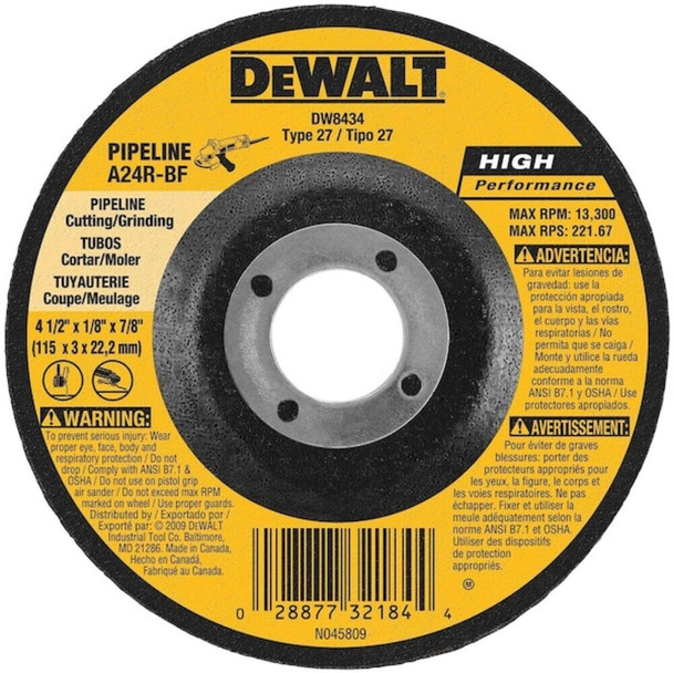 Dewalt DW8434 Cut-Off & Grinding Wheel, Type 27, 4 1/2 in Dia, 0.125 in Thick, 7/8 in Arbor Hole Size, 24 Grit