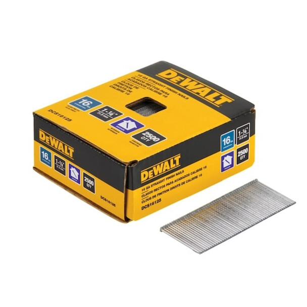 Dewalt DCS16125 Collated Finishing Nail, 1-1/4 in L, 16 ga, Bright, T-Head Head, Straight, 2500 PK