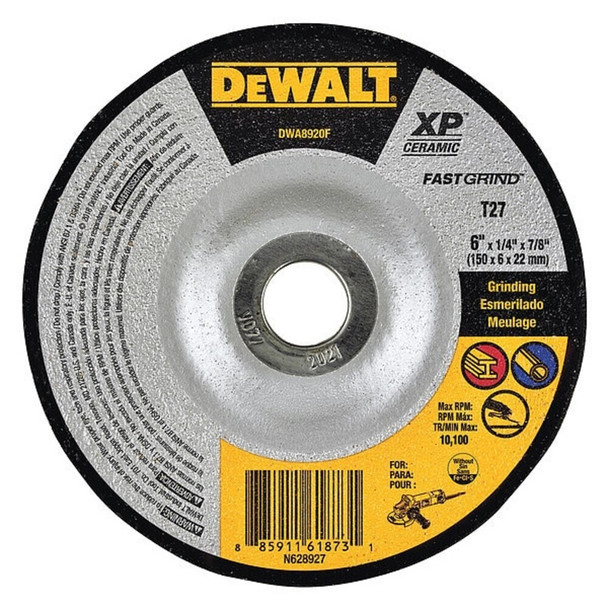 Dewalt DWA8920F Depressed Center Grinding Wheel, Type 27, 6 in Dia, 0.25 in Thick, 7/8 in Arbor Hole Size, Ceramic