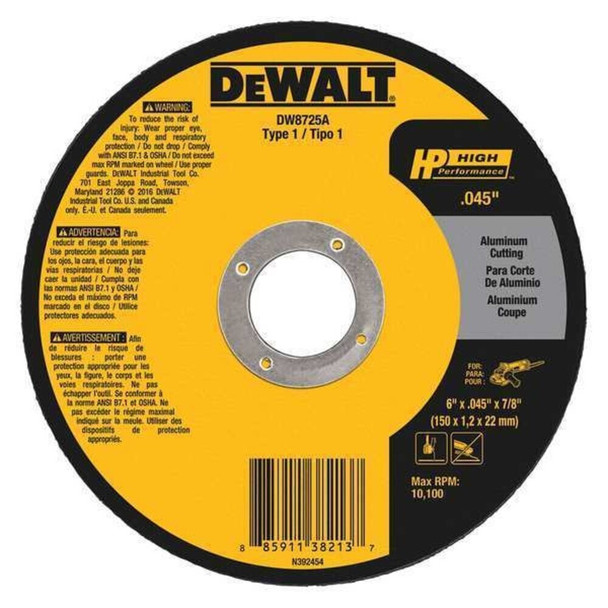 Dewalt DW8725A Abrasive Cut-Off Wheel, Type 1, 6 in Dia, 0.05 in Thick, 7/8 in Arbor Hole Size, Aluminum Oxide
