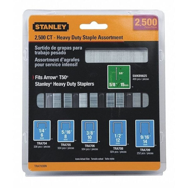 Stanley TRA700BN Heavy Duty Staples & Brad Assortment, 18 ga, Narrow Crown, 5/8 in Leg L, Steel, 2500 PK