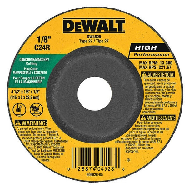 Dewalt DW4528 Depressed Center Grinding Wheel, Type 27, 4 1/2 in Dia, 0.125 in Thick, 7/8 in Arbor Hole Size