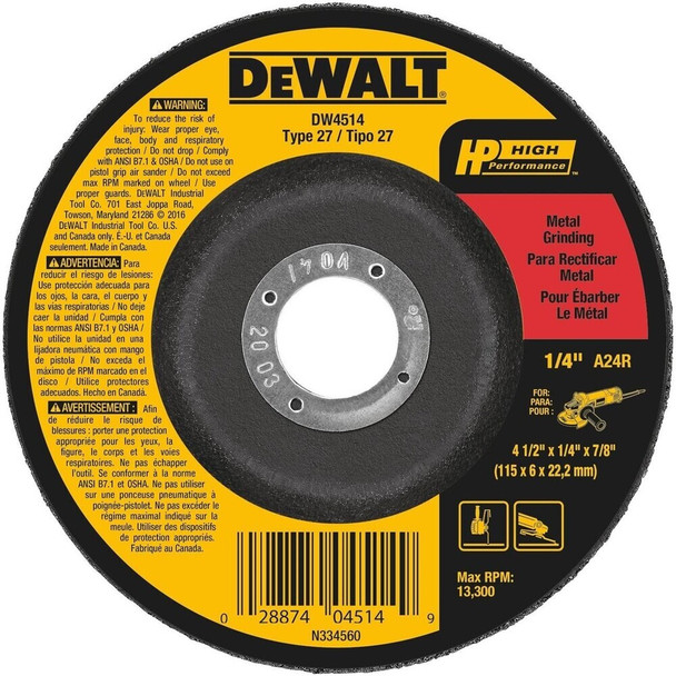 Dewalt DW4514Z Grinding Wheel, 4-1/2X1/4X7/8 Metal Fast Cut Dcw