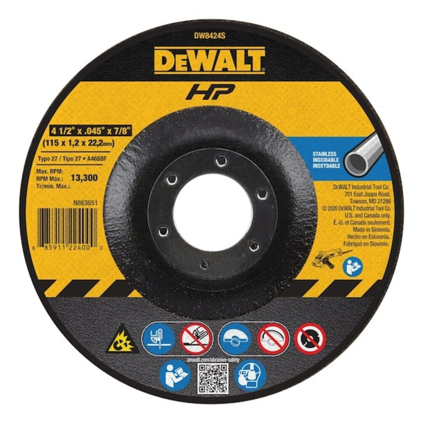 Dewalt DW8424S Depressed Center Cut-Off Wheel, Type 27, 4 1/2 in Dia, 0.045 in Thick, 7/8 in Arbor Hole Size