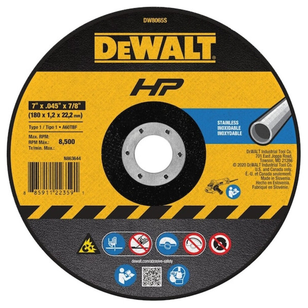 Dewalt DW8065S Abrasive Cut-Off Wheel, Type 1, 7 in Dia, 0.045 in Thick, 7/8 in Arbor Hole Size, Aluminum Oxide