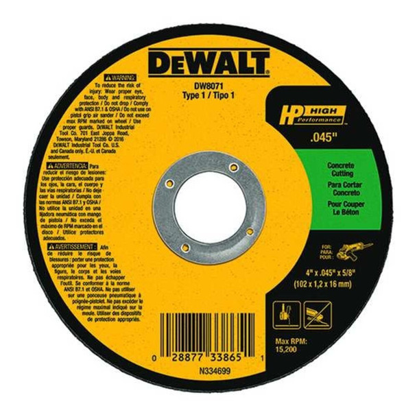 Dewalt DW8071 Abrasive Cut-Off Wheel, Type 1, 4 in Dia, 0.045 in Thick, 5/8 in Arbor Hole Size, Silicon Carbide