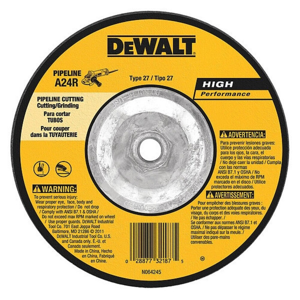 Dewalt DW8438 Cut-Off & Grinding Wheel, Type 27, 6 in Dia, 0.125 in Thick, 5/8"-11 Arbor Hole Size, 24 Grit
