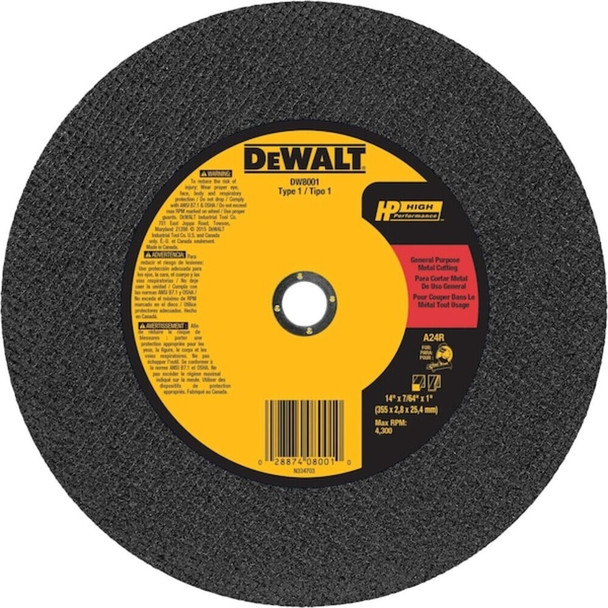 Dewalt DW8001 Abrasive Cut-Off Wheel, Type 1, 14 in Dia, 0.1094 in Thick, 1 in Arbor Hole Size, Aluminum Oxide