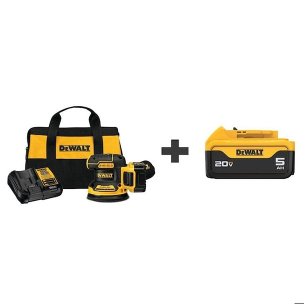 Dewalt DCW210P1/DCB205 20V Brushless 5 in. Cordless Variable Speed Random Orbital Sander Kit , Includes 2 (5.0 Ah Battery)