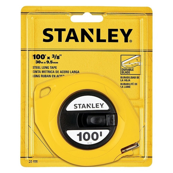Stanley 34-106 100 ft x 3/8 in Long Tape Measure, Closed Case, Steel Blade, Yellow ABS Case
