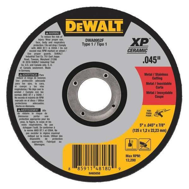 Dewalt DWA8952F Abrasive Cut-Off Wheel, Type 1, 5 in Dia, 0.045 in Thick, 7/8 in Arbor Hole Size, Ceramic, 46 Grit