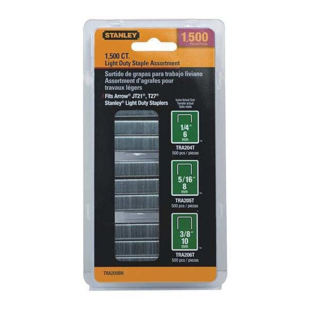 Stanley TRA200BN Light Duty Staples, 1/4 in, 5/16 in, 3/8 in Leg L, Steel, 1500 PK