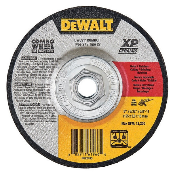 Dewalt DW8911ComboH Depressed Center Cut-Off Wheel, Type 27, 5 in Dia, 0.093 in Thick, 5/8"-11 Arbor Hole Size, Ceramic