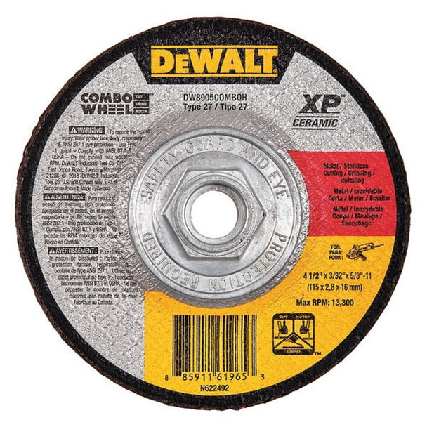 Dewalt DW8905ComboH Depressed Center Cut-Off Wheel, Type 27, 4 1/2 in Dia, 0.093 in Thick, 5/8"-11 Arbor Hole Size
