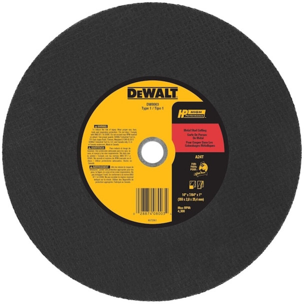 Dewalt DW8003 Abrasive Cut-Off Wheel, Type 1, 14 in Dia, 0.1094 in Thick, 1 in Arbor Hole Size, Aluminum Oxide