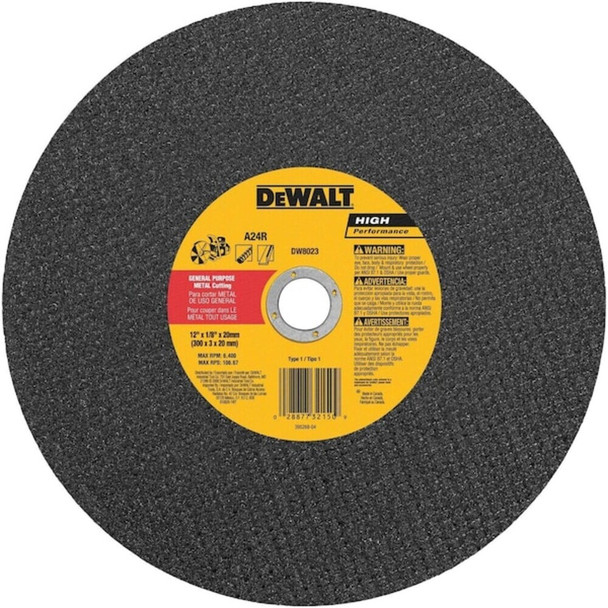 Dewalt DW8023 Abrasive Cut-Off Wheel, Type 1, 12 in Dia, 0.125 in Thick, 20 mm Arbor Hole Size, Aluminum Oxide