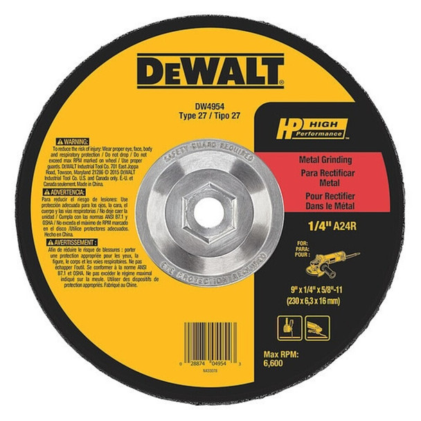 Dewalt DW4954 Depressed Center Grinding Wheel, Type 27, 9 in Dia, 0.25 in Thick, 5/8"-11 Arbor Hole Size, 24 Grit