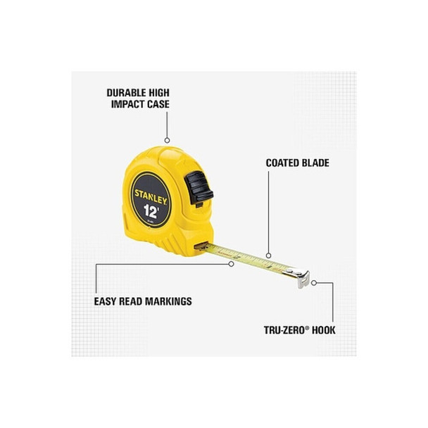 Stanley 30-485 12 ft Tape Measure, 1/2 in Blade, Stud Markings, True-Zero Hook, ABS Plastic Case, Yellow