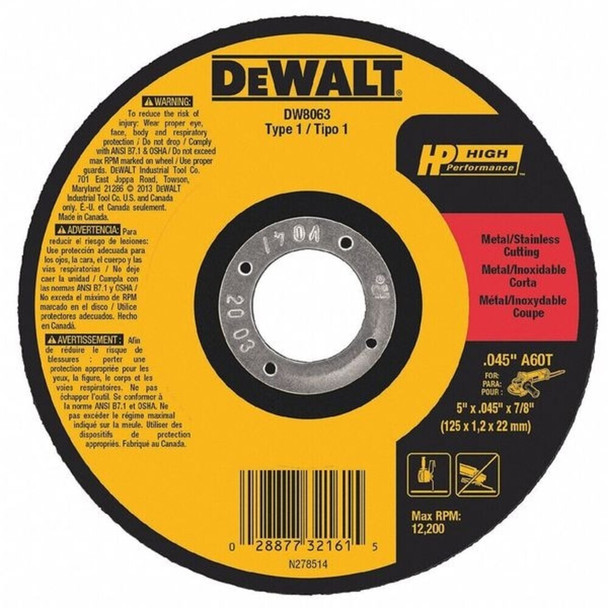 Dewalt DW8063 Abrasive Cut-Off Wheel, Type 1, 5 in Dia, 0.045 in Thick, 7/8 in Arbor Hole Size, Aluminum Oxide