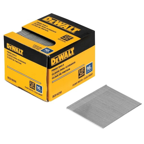 Dewalt DCS16250 Collated Finishing Nail, 2-1/2 in L, 16 ga, Bright, T-Head Head, Straight, 2500 PK