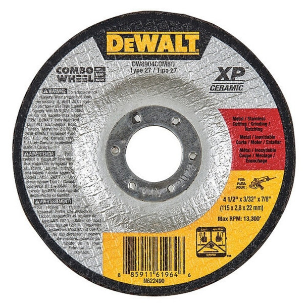 Dewalt DW8904Combo Depressed Center Cut-Off Wheel, Type 27, 4 1/2 in Dia, 0.093 in Thick, 7/8 in Arbor Hole Size