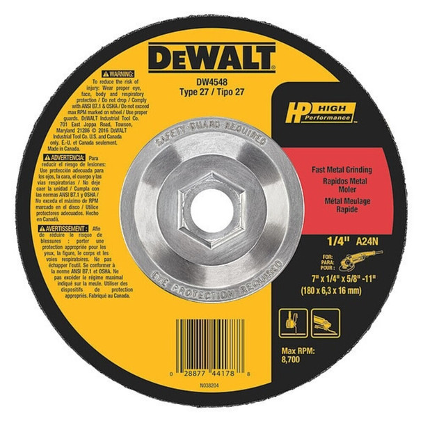 Dewalt DW4548 Depressed Center Grinding Wheel, Type 27, 7 in Dia, 0.25 in Thick, 5/8"-11 Arbor Hole Size, 24 Grit
