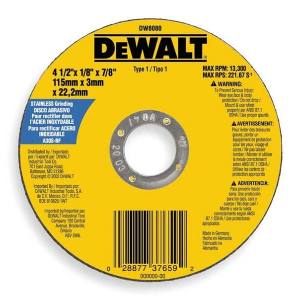 Dewalt DW8080 Abrasive Cut-Off Wheel, Type 1, 4 1/2 in Dia, 0.0938 in Thick, 7/8 in Arbor Hole Size, 30 Grit
