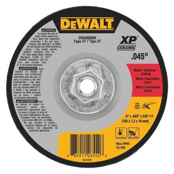 Dewalt DWA8959H Depressed Center Cut-Off Wheel, Type 27, 6 in Dia, 0.045 in Thick, 5/8"-11 Arbor Hole Size, Ceramic